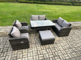 Fimous Rattan Outdoor Furniture Garden Dining Set Rectangular Table and Chair Sofa Set With Big Footstool Dark Grey Mixed