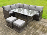 Fimous High Back Dark Mixed Grey Rattan Corner Sofa Set Outdoor Furniture Rectangular Dining Table 2 Small Footstools 8 Seater