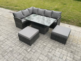Fimous Outdoor Garden Furniture Set Wicker PE Rattan Height Adjustable Rising Lifting Table Sofa Dining Set with 2 Big Footstool Dark Grey Mixed