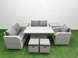 Fimous High Back Poly Rattan Garden Furniture Set with Reclining Chair Loveseat Sofa Adjustable Lifting Dining or Coffee Table Indoor Outdoor Patio  Set 2 Stool 2 Side Table Light Grey