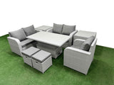 Fimous High Back Poly Rattan Garden Furniture Set with Reclining Chair Loveseat Sofa Adjustable Lifting Dining or Coffee Table Indoor Outdoor Patio  Set 2 Stool 2 Side Table Light Grey