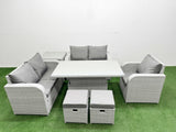 Fimous High Back Poly Rattan Garden Furniture Set with Reclining Chair Loveseat Sofa Adjustable Lifting Dining or Coffee Table Indoor Outdoor Patio  Set 2 Stool Side Table Light Grey
