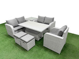 Fimous High Back Poly Rattan Garden Furniture Set with Reclining Chair Loveseat Sofa Adjustable Lifting Dining or Coffee Table Indoor Outdoor Patio  Set 2 Stool Side Table Light Grey