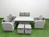 Fimous High Back Poly Rattan Garden Furniture Set with Reclining Chair Loveseat Sofa Adjustable Lifting Dining or Coffee Table Indoor Outdoor Patio  Set 2 Stool Light Grey