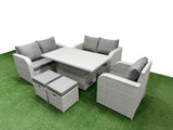 Fimous High Back Poly Rattan Garden Furniture Set with Reclining Chair Loveseat Sofa Adjustable Lifting Dining or Coffee Table Indoor Outdoor Patio  Set 2 Stool Light Grey
