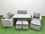 Fimous High Back Poly Rattan Garden Furniture Set with Reclining Chair Loveseat Sofa Adjustable Lifting Dining or Coffee Table Indoor Outdoor Patio  Set 3 Stools Light Grey