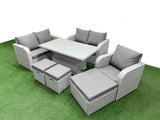Fimous High Back Poly Rattan Garden Furniture Set with Reclining Chair Loveseat Sofa Adjustable Lifting Dining or Coffee Table Indoor Outdoor Patio  Set 3 Stools Light Grey