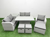 Fimous High Back Poly Rattan Garden Furniture Set with Reclining Chair Loveseat Sofa Adjustable Lifting Dining or Coffee Table Indoor Outdoor Patio  Set 3 Stools Side Table Light Grey