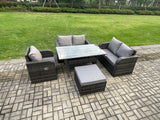 Fimous Lounge Rattan Sofa Set Outdoor Garden Furniture Oblong Rectangular Dining Table With Chairs Big Footstool Dark Grey Mixed