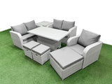 Fimous High Back Poly Rattan Garden Furniture Set with Reclining Chair Loveseat Sofa Adjustable Lifting Dining or Coffee Table Indoor Outdoor Patio  Set 3 Stools Side Table Light Grey
