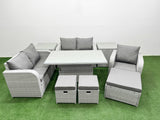 Fimous High Back Poly Rattan Garden Furniture Set with Reclining Chair Loveseat Sofa Adjustable Lifting Dining or Coffee Table Indoor Outdoor Patio  Set 3 Stools 2 Side Table Light Grey