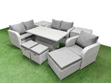 Fimous High Back Poly Rattan Garden Furniture Set with Reclining Chair Loveseat Sofa Adjustable Lifting Dining or Coffee Table Indoor Outdoor Patio  Set 3 Stools 2 Side Table Light Grey