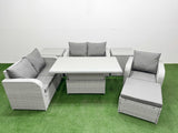 Fimous High Back Poly Rattan Garden Furniture Set with Reclining Chair Loveseat Sofa Adjustable Lifting Dining or Coffee Table Indoor Outdoor Patio  Set Big Stool 2 Side Table Light Grey