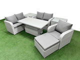 Fimous High Back Poly Rattan Garden Furniture Set with Reclining Chair Loveseat Sofa Adjustable Lifting Dining or Coffee Table Indoor Outdoor Patio  Set Big Stool 2 Side Table Light Grey