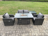 Fimous Rattan Outdoor Garden Furniture Set Gas Fire Pit Dining Table with Side Table Chair Love seat Sofa