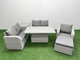 Fimous High Back Poly Rattan Garden Furniture Set with Reclining Chair Loveseat Sofa Adjustable Lifting Dining or Coffee Table Indoor Outdoor Patio  Set Big Stool Side Table Light Grey