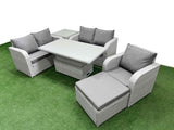 Fimous High Back Poly Rattan Garden Furniture Set with Reclining Chair Loveseat Sofa Adjustable Lifting Dining or Coffee Table Indoor Outdoor Patio  Set Big Stool Side Table Light Grey