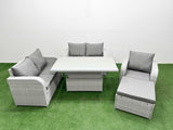 Fimous High Back Poly Rattan Garden Furniture Set with Reclining Chair Loveseat Sofa Adjustable Lifting Dining or Coffee Table Indoor Outdoor Patio  Set Big Stool Light Grey