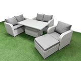Fimous High Back Poly Rattan Garden Furniture Set with Reclining Chair Loveseat Sofa Adjustable Lifting Dining or Coffee Table Indoor Outdoor Patio  Set Big Stool Light Grey
