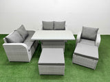 Fimous High Back Poly Rattan Garden Furniture Set with Reclining Chair Loveseat Sofa Adjustable Lifting Dining or Coffee Table Indoor Outdoor Patio  Set 2 Big Stool Light Grey