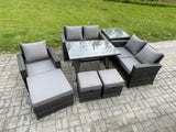 Fimous 8 Seater Garden Dining Set Wicker PE Rattan Outdoor Furniture Sofa with Rectangular Dining Table Double Seat Sofa Side Table 3 Footstools Dark Grey Mixed