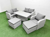 Fimous High Back Poly Rattan Garden Furniture Set with Reclining Chair Loveseat Sofa Adjustable Lifting Dining or Coffee Table Indoor Outdoor Patio  Set 2 Big Stool Light Grey