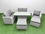 Fimous High Back Poly Rattan Garden Furniture Set with Reclining Chair Loveseat Sofa Adjustable Lifting Dining or Coffee Table Indoor Outdoor Patio  Set 2 Big Stool Side Table Light Grey