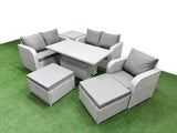 Fimous High Back Poly Rattan Garden Furniture Set with Reclining Chair Loveseat Sofa Adjustable Lifting Dining or Coffee Table Indoor Outdoor Patio  Set 2 Big Stool Side Table Light Grey