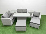 Fimous High Back Poly Rattan Garden Furniture Set with Reclining Chair Loveseat Sofa Adjustable Lifting Dining or Coffee Table Indoor Outdoor Patio  Set 2 Big Stool 2 Side Table Light Grey
