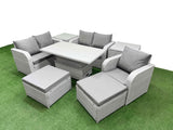 Fimous High Back Poly Rattan Garden Furniture Set with Reclining Chair Loveseat Sofa Adjustable Lifting Dining or Coffee Table Indoor Outdoor Patio  Set 2 Big Stool 2 Side Table Light Grey