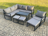 Fimous Aluminium Outdoor Garden Furniture Set Lounge Sofa Oblong Coffee Table Sets with Chair 3 Footstools Indoor Conservatory Set Dark Grey