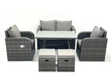 Fimous Outdoor Garden Furniture Set Rattan Sofa Dining Table Set with Reclining Chair 2 Small Footstool Dark Grey Mixed
