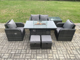 Fimous Rattan Garden Furniture Set Outdoor Patio Gas Fire Pit Dining Table and Chairs with Side Table Love seat Sofa 2 Small Footstools