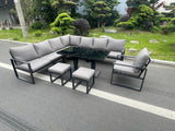 Fimous Aluminum Outdoor Garden Furniture Corner Sofa Chair 2 PC Stools Adjustable Rising Lifting Dining Table Sets Black Tempered Glass Dark Grey 10 Seater