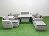 Fimous 9 Seater Outdoor Reclining Chair Love Sofa Set Rattan Garden Furniture Set with Adjustable Lifting Dining or Coffee Table 3 Stools 2 Side Table Light Grey