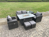 Fimous Rattan Garden Furniture Set Outdoor Patio Gas Fire Pit Dining Table and Chairs with Side Table Love seat Sofa 2 Small Footstools