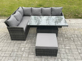 Fimous 7 Seater Rattan Garden Furniture Sets High Back Corner Sofa Height Adjustable Rising Lifting Table Set with Big Footstool Dark Grey Mixed