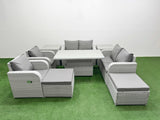 Fimous 8 Seater Outdoor Reclining Chair Love Sofa Set Rattan Garden Furniture Set with Adjustable Lifting Dining or Coffee Table 2 Big FootStools  2 Side Table Light Grey