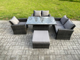 Fimous 5pcs Rattan Outdoor Garden Furniture Set Height Adjustable Rising Lifting Table Sofa Dining Set with Big Footstool Dark Grey Mixed