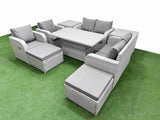 Fimous 8 Seater Outdoor Reclining Chair Love Sofa Set Rattan Garden Furniture Set with Adjustable Lifting Dining or Coffee Table 2 Big FootStools  2 Side Table Light Grey