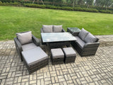 Fimous 8 Seater Lounge Rattan Sofa Set Outdoor Garden Furniture Oblong Rectangular Dining Table With Chairs 3 Footstools Side Table Dark Grey Mixed