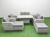 Fimous 8 Seater Outdoor Reclining Chair Love Sofa Set Rattan Garden Furniture Set with Adjustable Lifting Dining or Coffee Table 2 Big FootStools  Side Table Light Grey