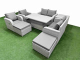 Fimous 8 Seater Outdoor Reclining Chair Love Sofa Set Rattan Garden Furniture Set with Adjustable Lifting Dining or Coffee Table 2 Big FootStools  Side Table Light Grey