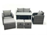 Fimous Outdoor Garden Furniture Set Rattan Sofa Dining Table Set with Reclining Chair 3 Footstool Dark Grey Mixed