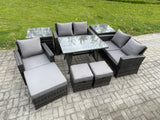 Fimous Garden Dining Set Wicker PE Rattan Outdoor Furniture Sofa with Rectangular Dining Table Double Seat Sofa 2 Side Tables 3 Footstools Dark Grey Mixed