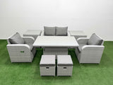 Fimous Light Grey PE Wicker Rattan Garden Furniture Set Sofa Set Reclining Chair Adjustable Lifting Dining or Coffee Table 6 Seater 2 Small Stools 2 Side Table