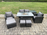 Fimous Rattan Garden Furniture Set Outdoor Patio Gas Fire Pit Dining Table and Chairs with Love seat Sofa 3 Footstools Side Table