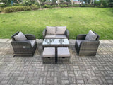 Fimous Dark Grey PE Wicker Rattan Garden Furniture Set Love Sofa Reclining Chair Outdoor Rectangular Coffee Table Stools 6 Seater