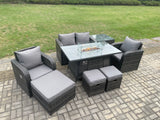 Fimous Rattan Garden Furniture Set Outdoor Patio Gas Fire Pit Dining Table and Chairs with Love seat Sofa 3 Footstools Side Table