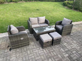 Fimous Dark Grey PE Wicker Rattan Garden Furniture Set Love Sofa Reclining Chair Outdoor Rectangular Coffee Table Stools 6 Seater